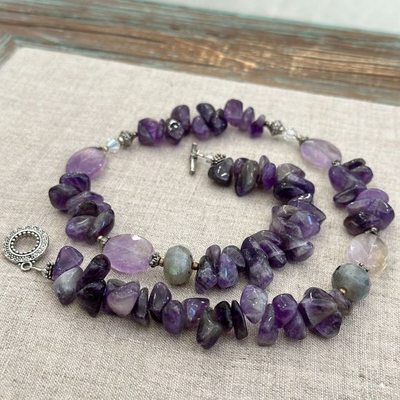 Amethyst Labradorite Beaded Sterling Silver Necklace 19" Toggle Clasp Purple VTG - Picture 12 of 16